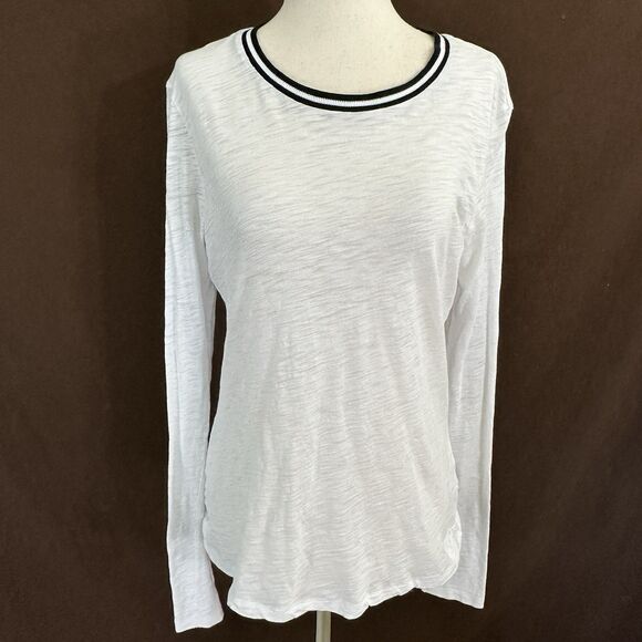 Goldie Lewinter Top Medium White Black Tipped Ringer Tee Long Sleeve - Picture 1 of 8